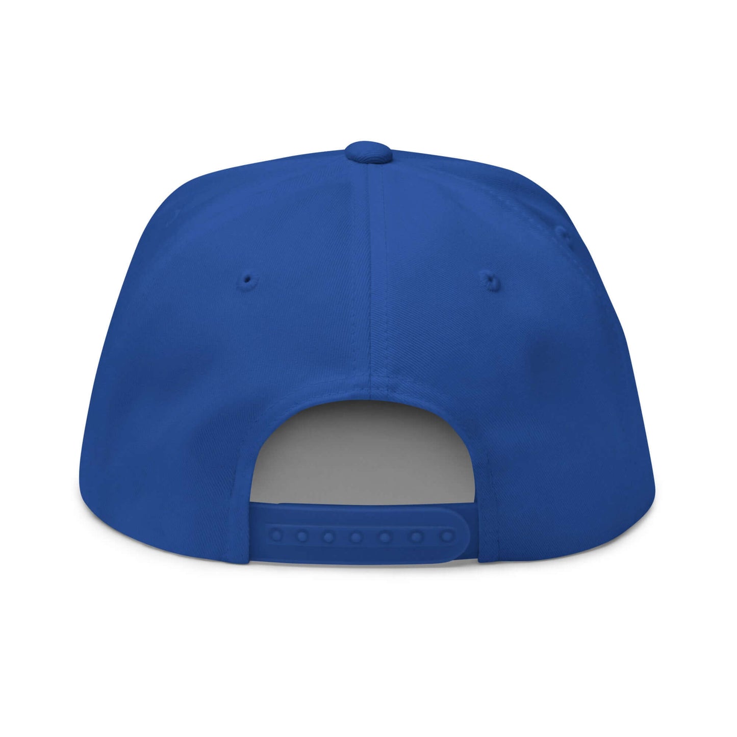 Back view of Flat Bill-Cap N°3 in blue with snapback closure and green undervisor, made of 100% cotton corduroy.