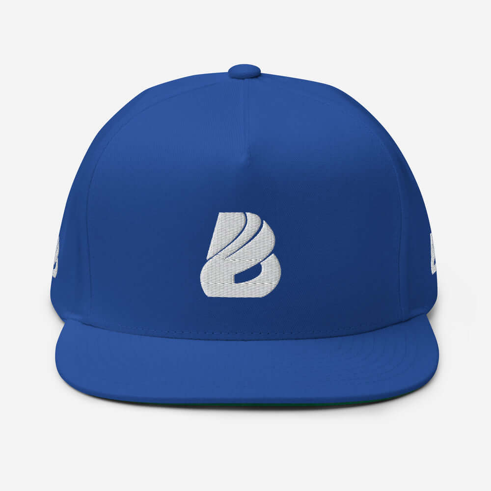 Blue Flat Bill-Cap N°0 with high-profile fit, structured design, and green undervisor. 100% cotton corduroy, snapback closure.