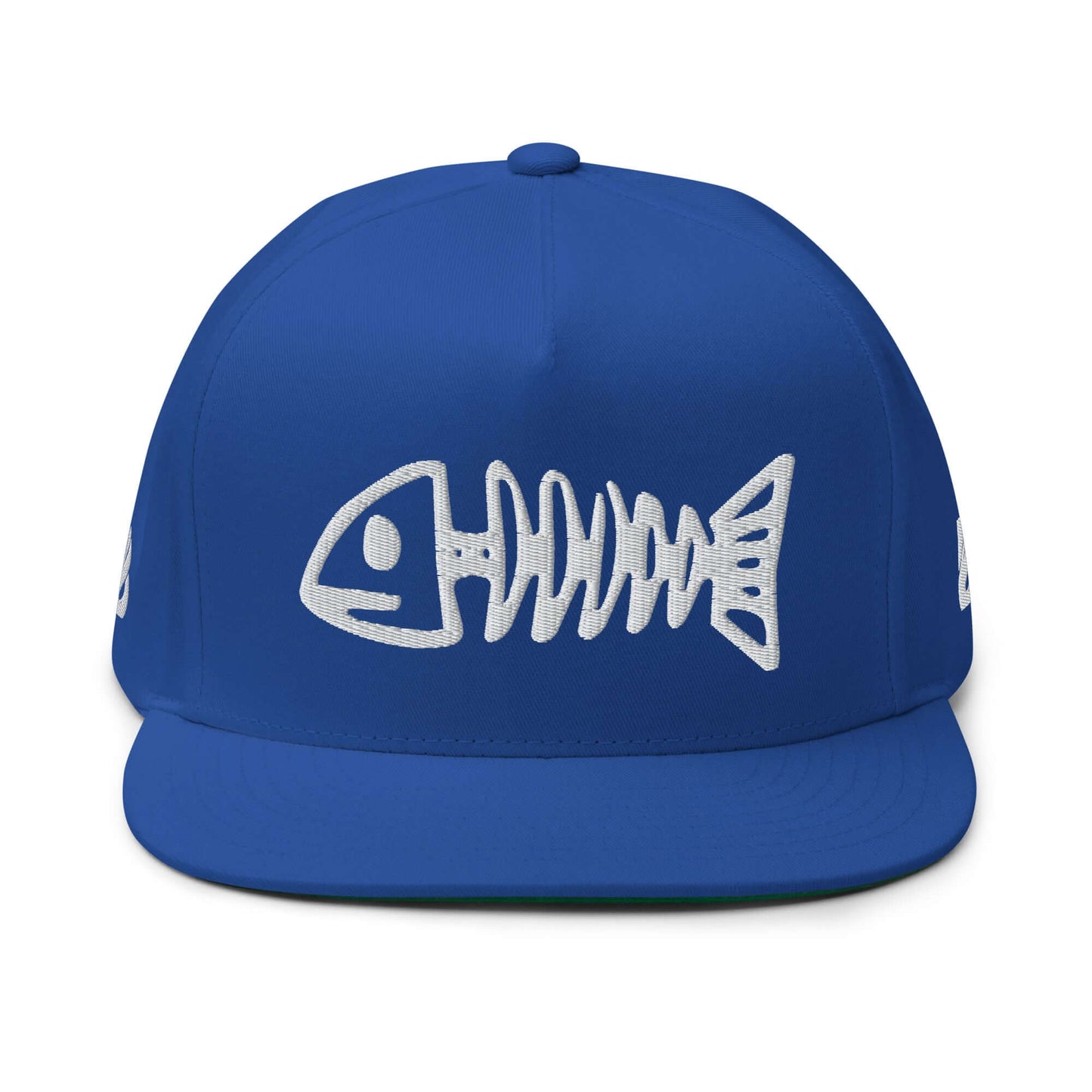 Blue Flat Bill-Cap N°3 with a fishbone embroidery, green undervisor, 100% cotton cord, structured 5-panel high-profile design, snapback closure.