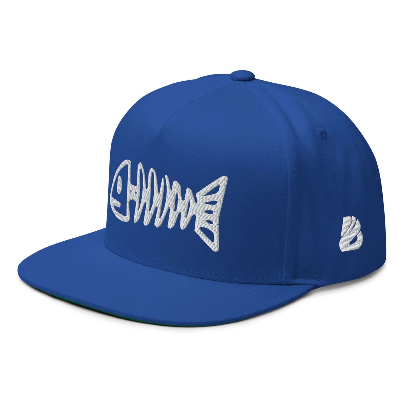 Flat Bill-Cap N°3 in blue with fishbone design and green under visor, structured 5-panel high-profile hat, 100% cotton corduroy, snapback closure.