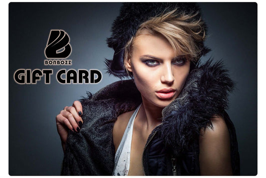 Geschenkgutschein for BONBOZZ fashion art wear featuring stylish model in fur-lined coat