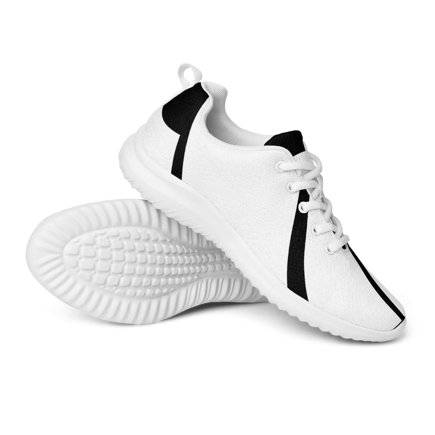 Herren-Turnschuhe N°0 white sports shoes with black accents, featuring breathable Flyknit material and EVA rubber outsole for comfort and stability.