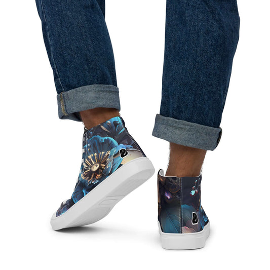 Man wearing High-Top Leinenschuhe für Herren N°2 with floral print, denim jeans, and white soles, showcasing stylish design.