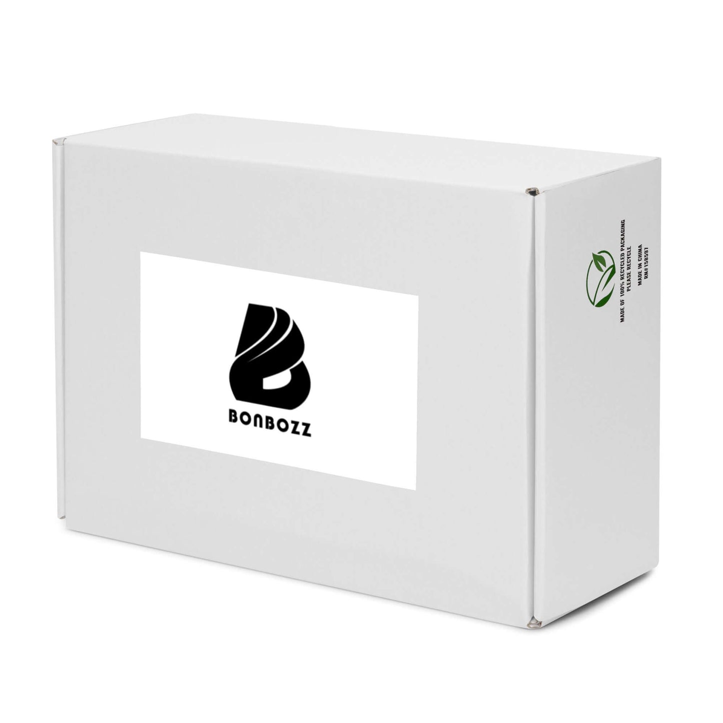 White packaging box with Bonbozz logo and eco-friendly symbol on the side