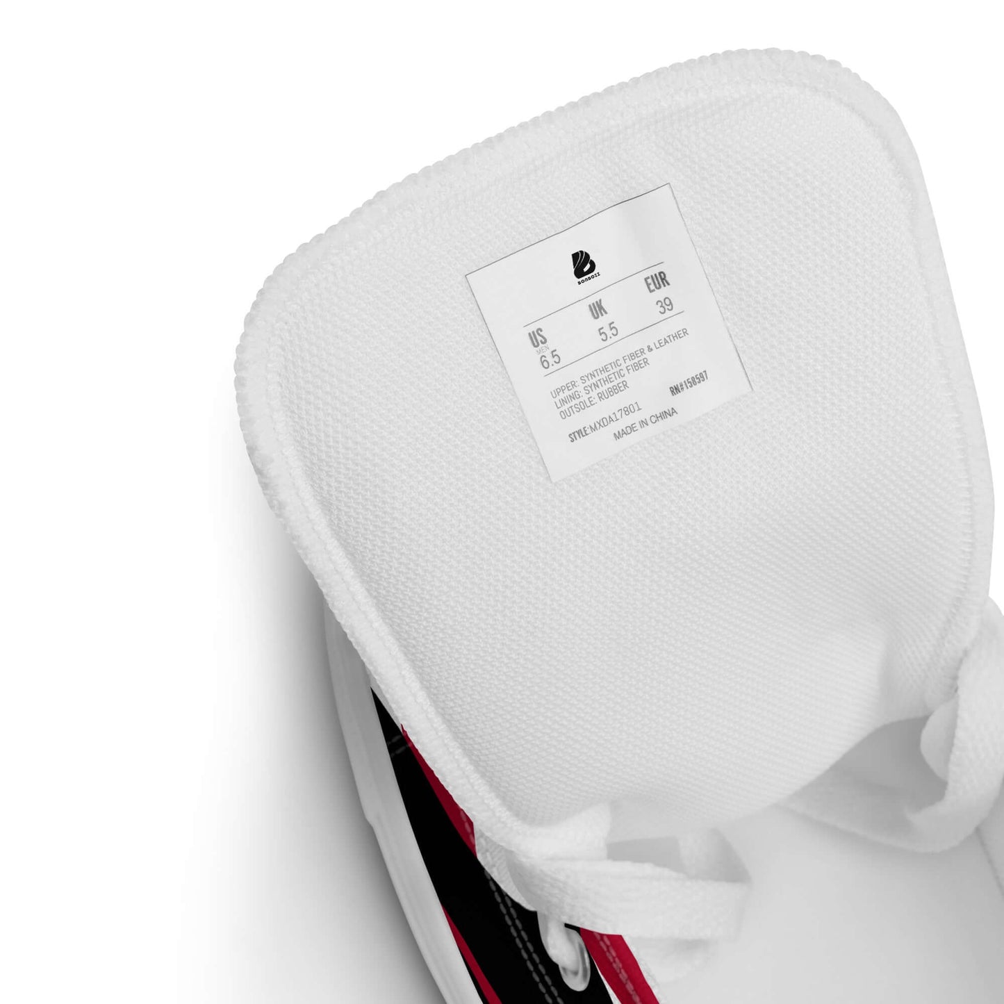 Detailansicht der High-Top Leinenschuhe für Herren N°4 mit Etikett und Größenangaben, atmungsaktivem Innenfutter.