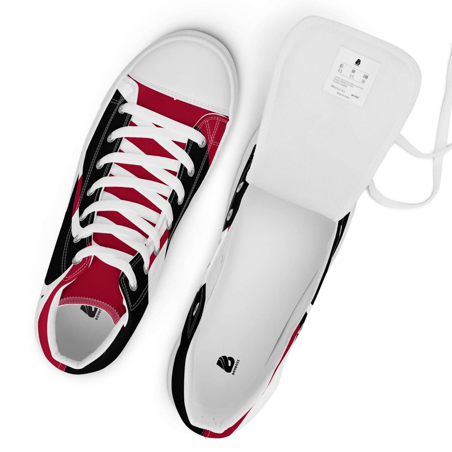 Red and black High-Top Leinenschuhe für Herren N°4 with white laces and padded collar, shown from top view