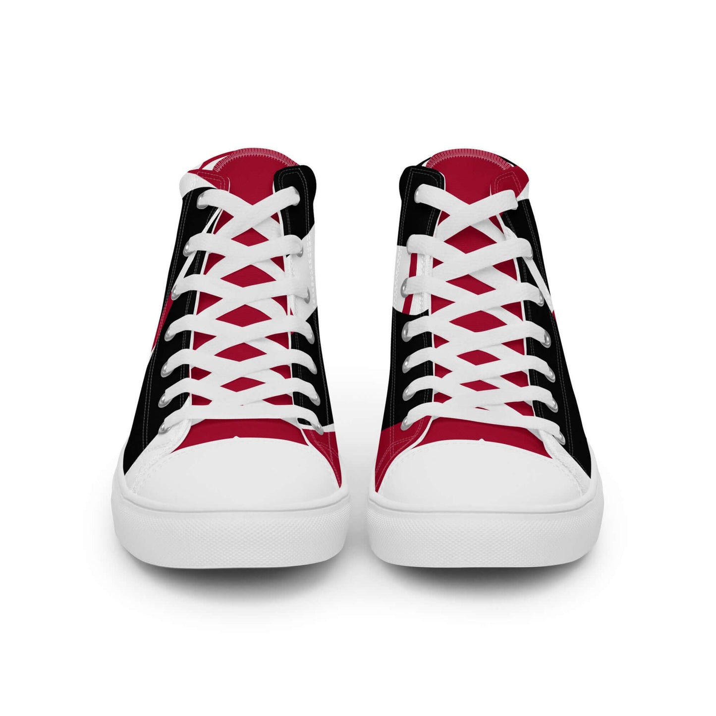 High-Top Leinenschuhe für Herren N°4, schwarz-rot-weißes Design, handgefertigt, vegan, atmungsaktiv mit weicher Sohle und gepolstertem Kragen