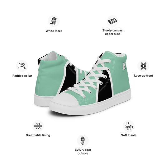 High-Top Leinenschuhe für Herren N°1 with mint green and black canvas, EVA rubber outsole, padded collar, white laces, and soft insole.