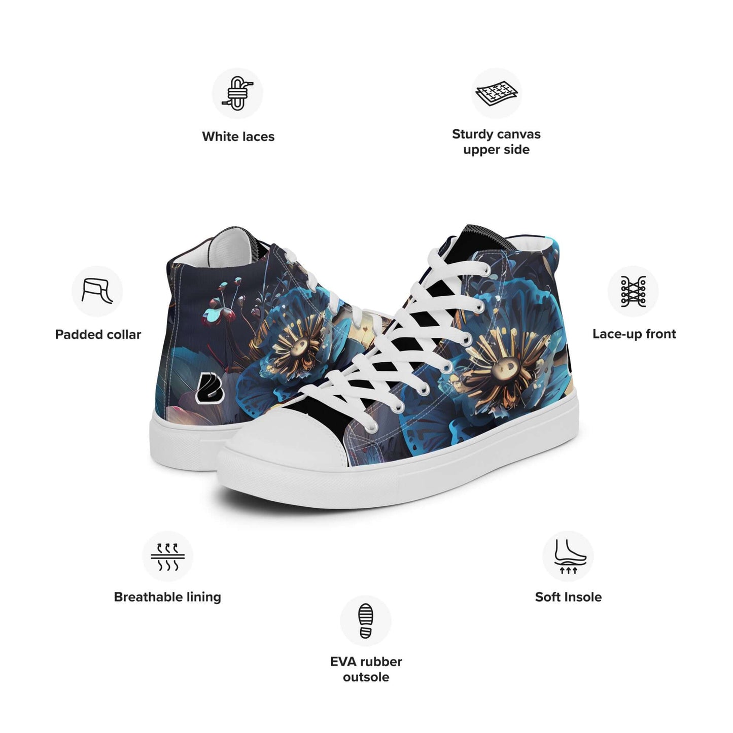 High-Top Leinenschuhe für Herren N°2 with floral design, white laces, EVA rubber outsole, padded collar, breathable lining, and soft insole.