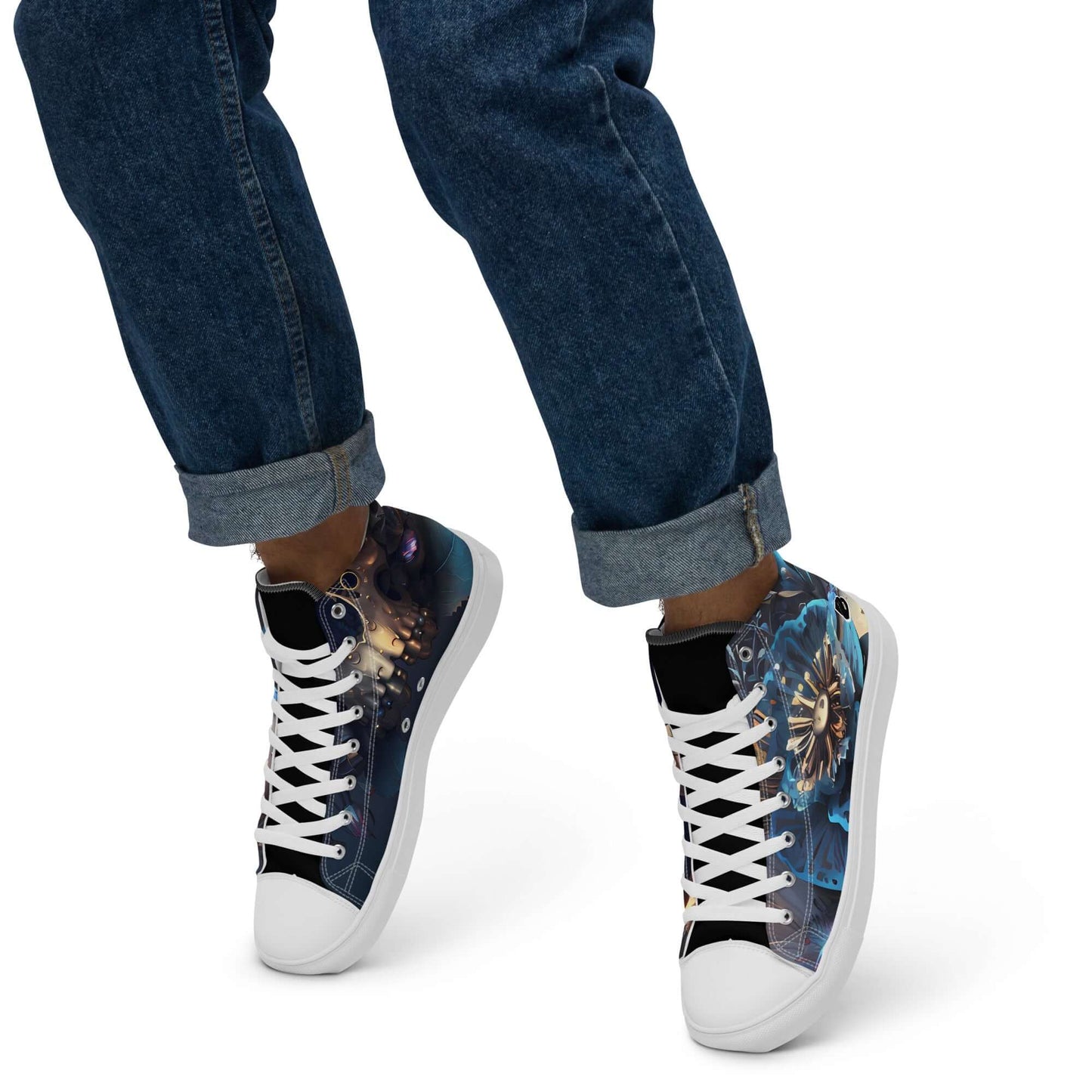 Person wearing stylish High-Top Leinenschuhe für Herren N°2 with unique cosmic design, denim jeans, showcasing their trendiness.
