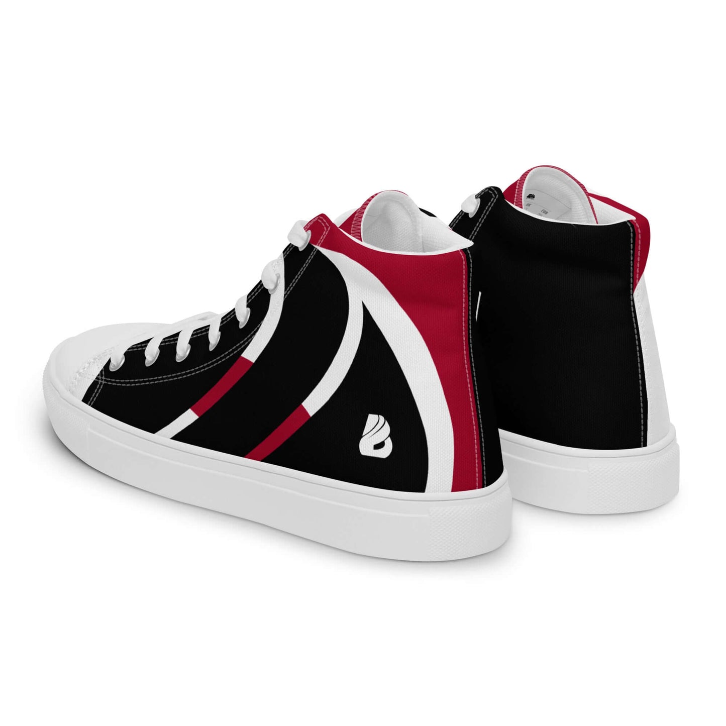 High-Top Leinenschuhe für Herren N°4 in Schwarz, Rot und Weiß, handgefertigte Sneakers mit gepolstertem Kragen und Kunstleder-Zehenkappe.