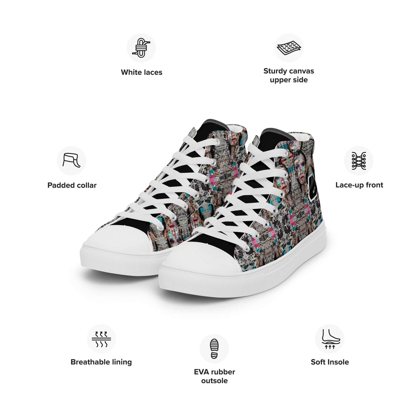 High-Top Leinenschuhe für Herren N°0 with patterns, white laces, EVA rubber outsole, padded collar, and breathable lining.