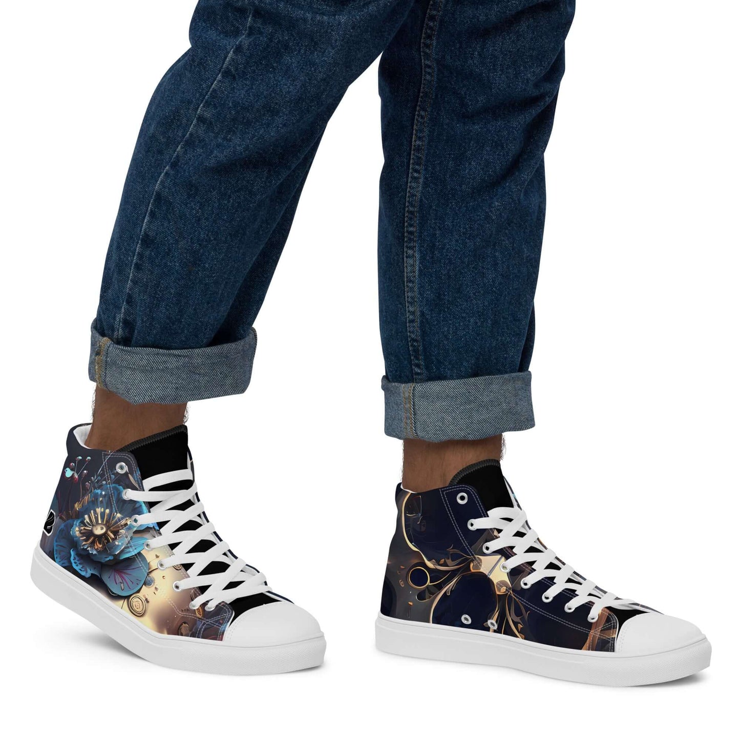 High-Top Leinenschuhe für Herren N°2 mit Kunstleder-Zehenkappe und EVA-Gummisohle, getragen von einer Person in Jeans.