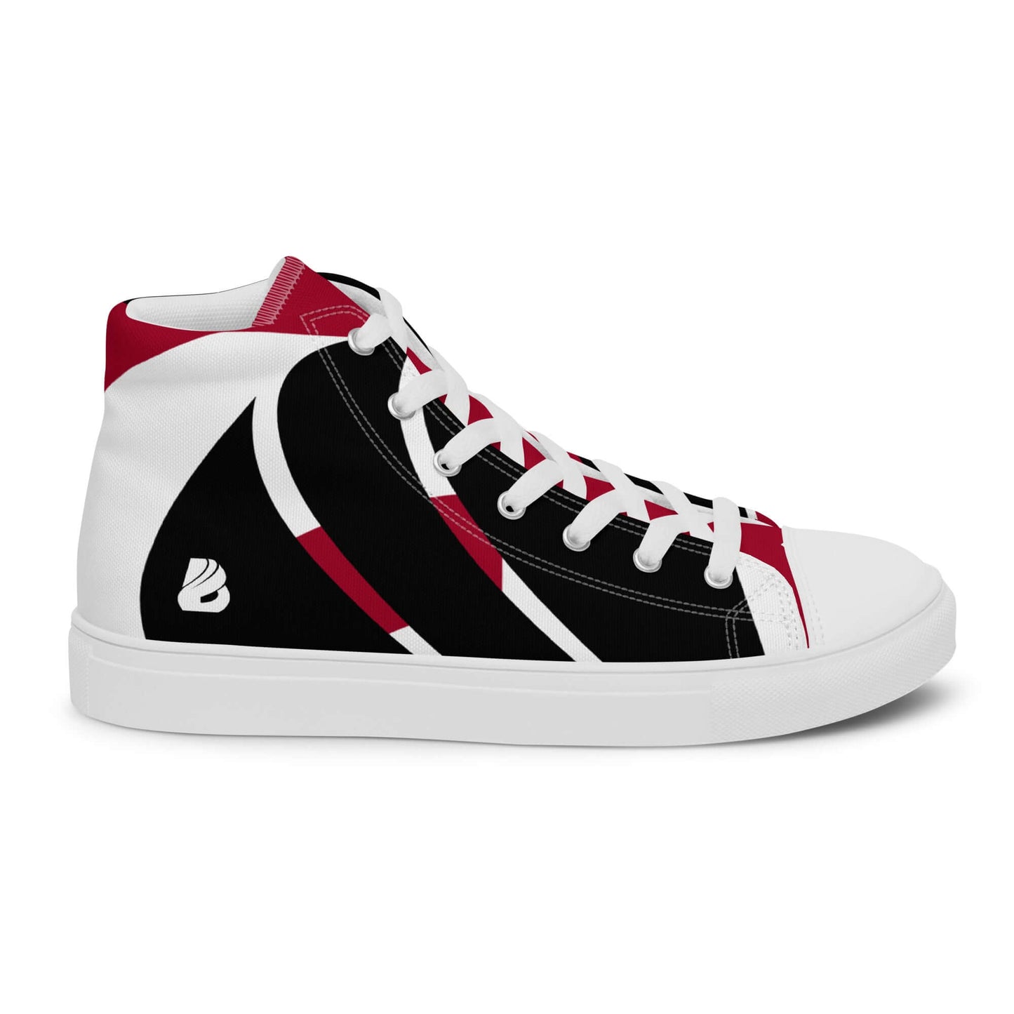 High-Top Leinenschuhe für Herren N°4 in schwarz-weiß mit roten Details und weißen Schnürsenkeln, ideal zur Ergänzung deines Outfits.