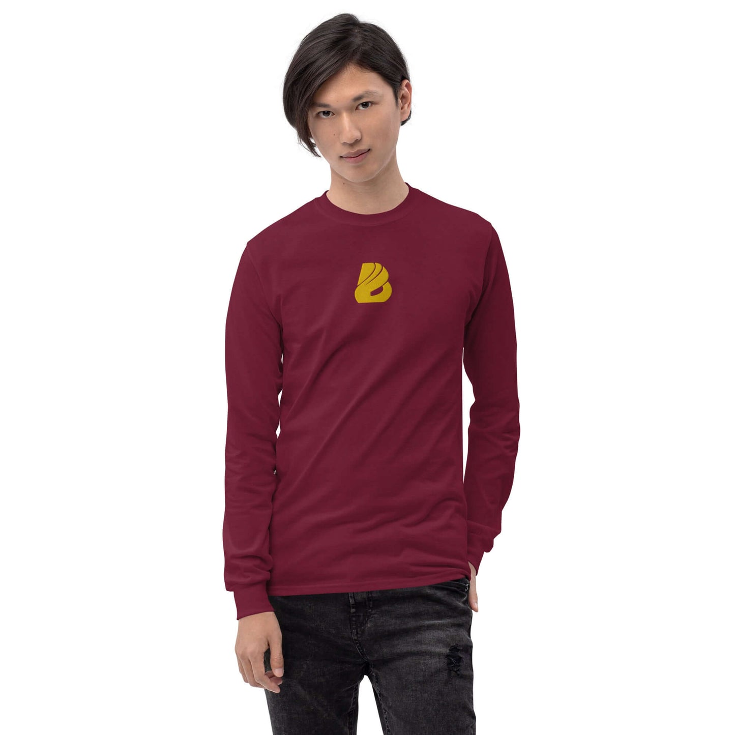 Herren-Langarmshirt N°2 in burgundy featuring classic fit and ribbed cuffs, perfect for cooler days.