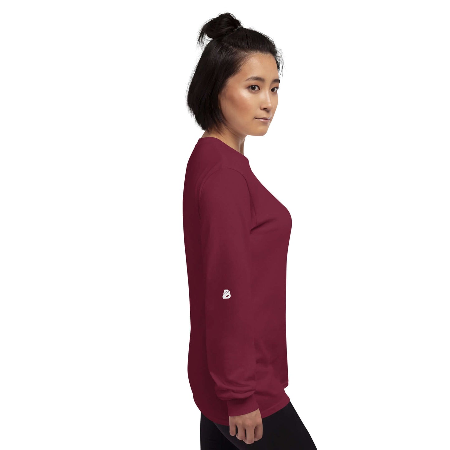 Unisex-Langarmshirt N°0 in burgundy with ribbed cuffs, classic fit, and preshrunk jersey fabric, ideal for cooler days.