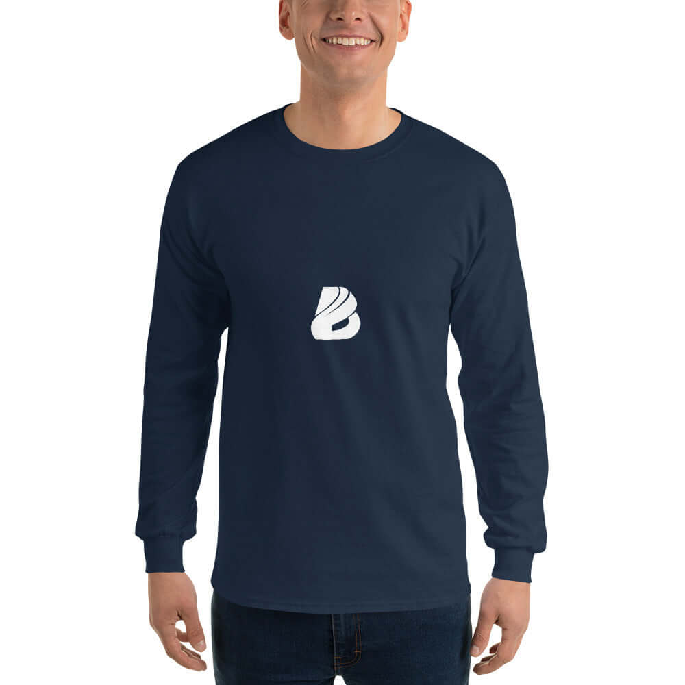 Herren-Langarmshirt N°1 in Navy, featuring ribbed cuffs, classic fit, 100% cotton, ideal for cooler days, pre-shrunk fabric, comfortable wear.