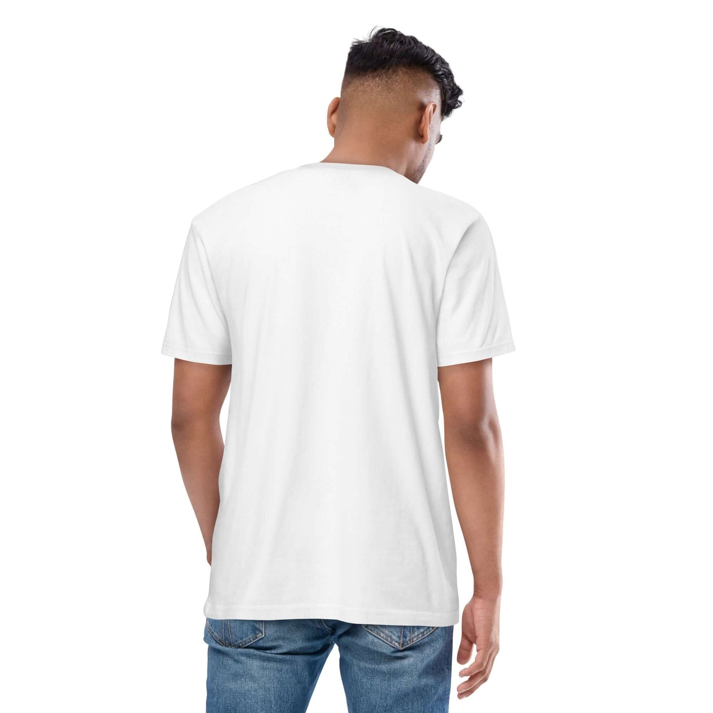 Rückansicht eines Mannes in weißem Schweres Premium T-Shirt für Herren N°0, ideal für lässige oder stylische Outfits.