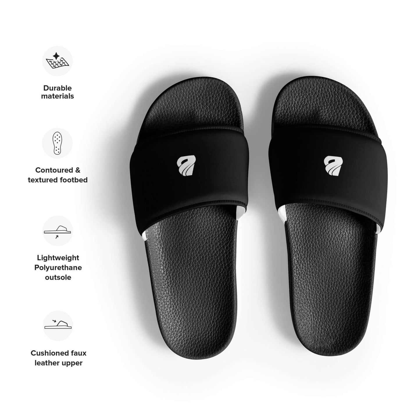 Herren-Schlappen N°1 in black with cushioned faux leather upper and textured footbed, featuring lightweight polyurethane outsole.