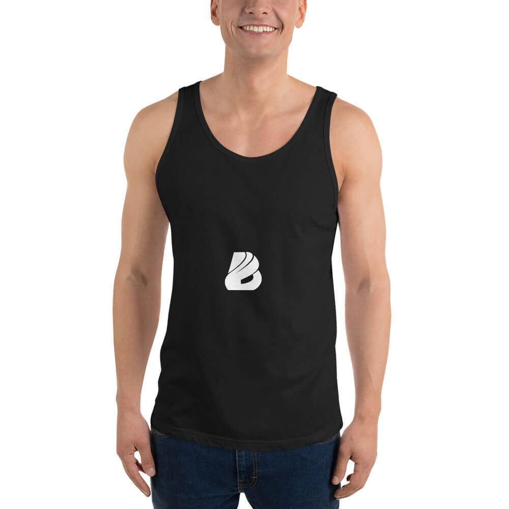 Model wearing Unisex-Tank-Top N°6 in black, featuring soft and high-quality cotton for comfort and timeless style.