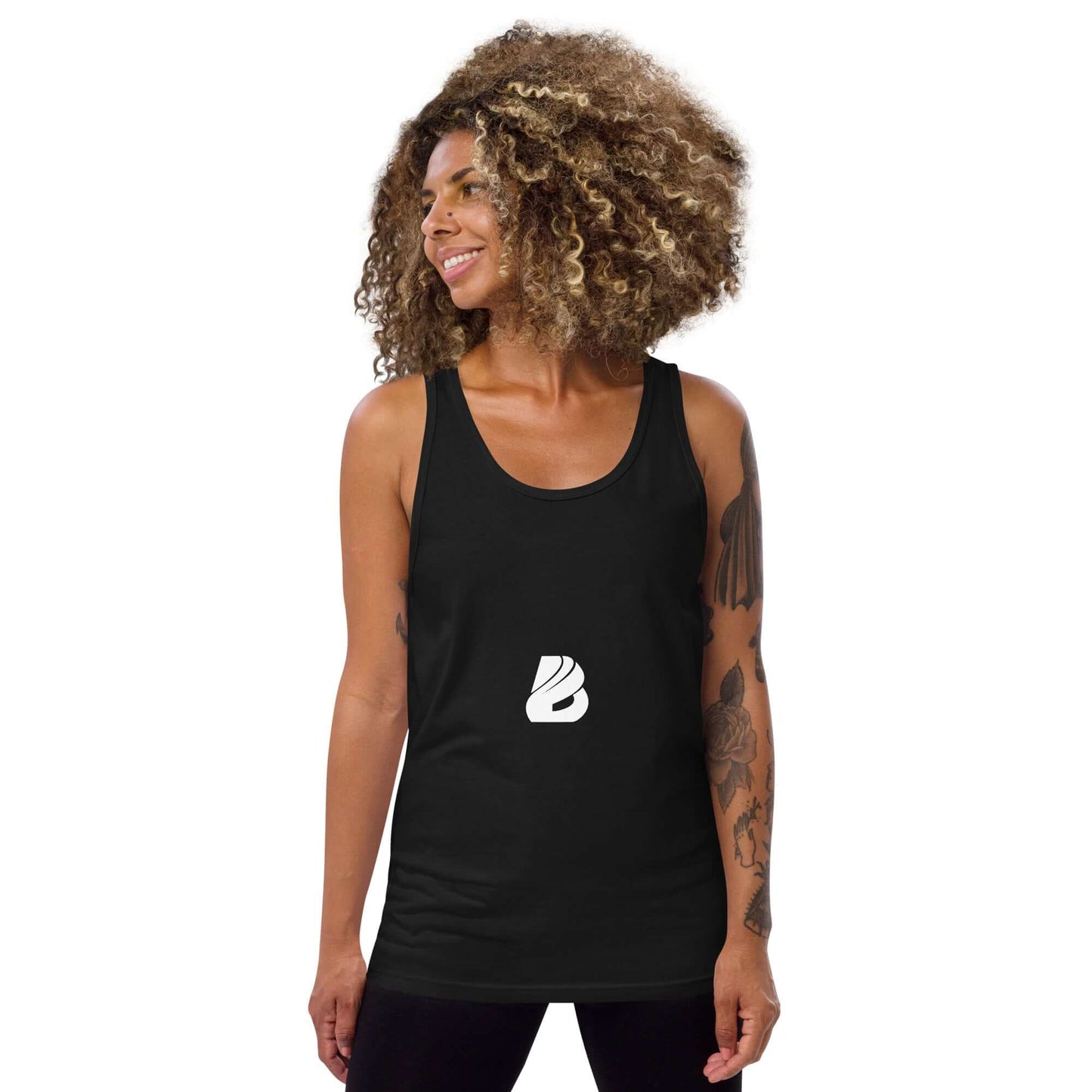 Model wearing Unisex-Tank-Top N°6 in black, showcasing its classic design and quality fabric.