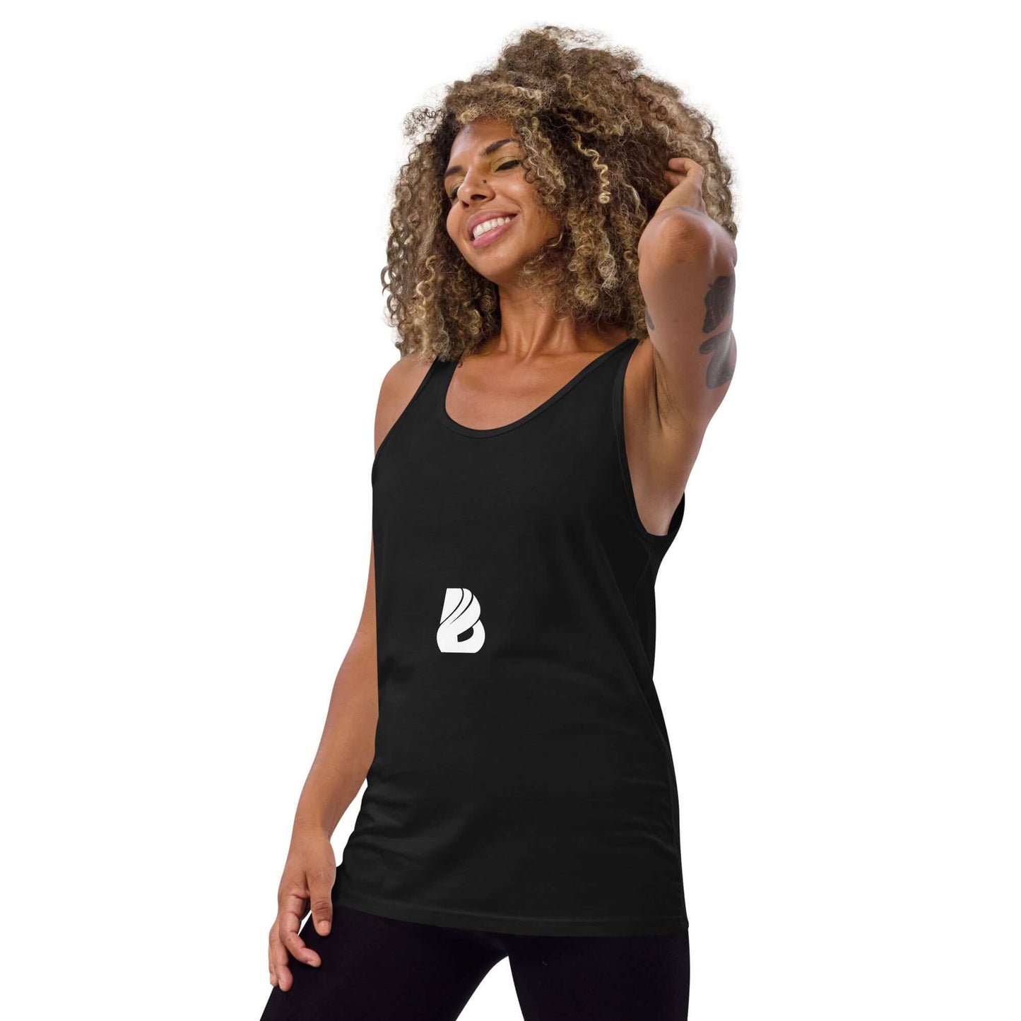 Unisex-Tank-Top N°6 in black, worn by a smiling person, showcasing its timeless style and quality material.