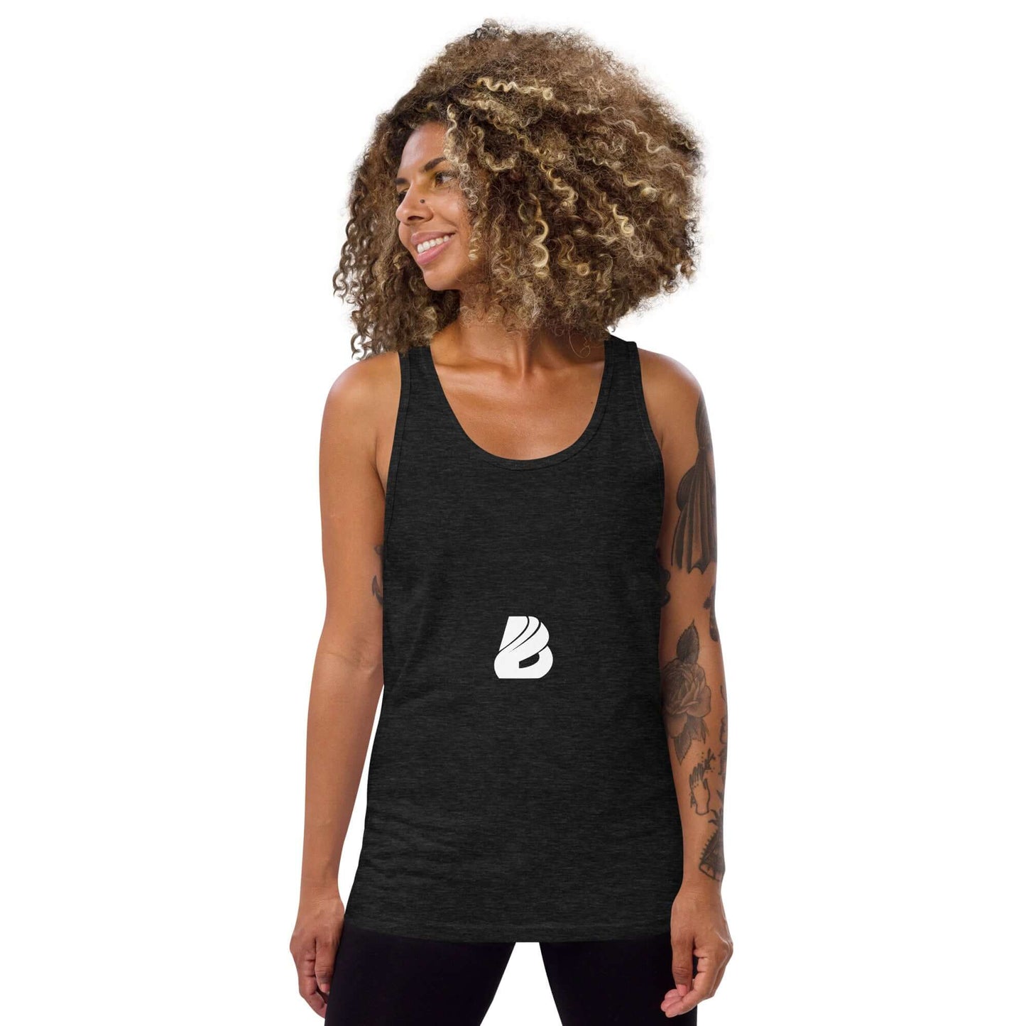 Unisex-Tank-Top N°6 on model, showcasing classic and essential design, made of 100% combed cotton for quality and softness.