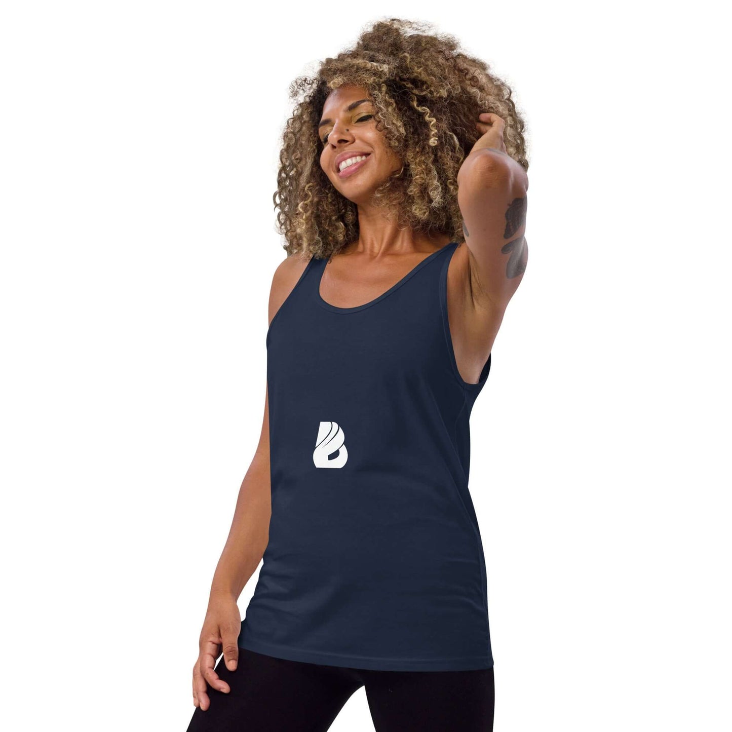 Model wearing Unisex-Tank-Top N°6 in navy blue, showcasing classic style and comfort, made from 100% combed and ring-spun cotton.