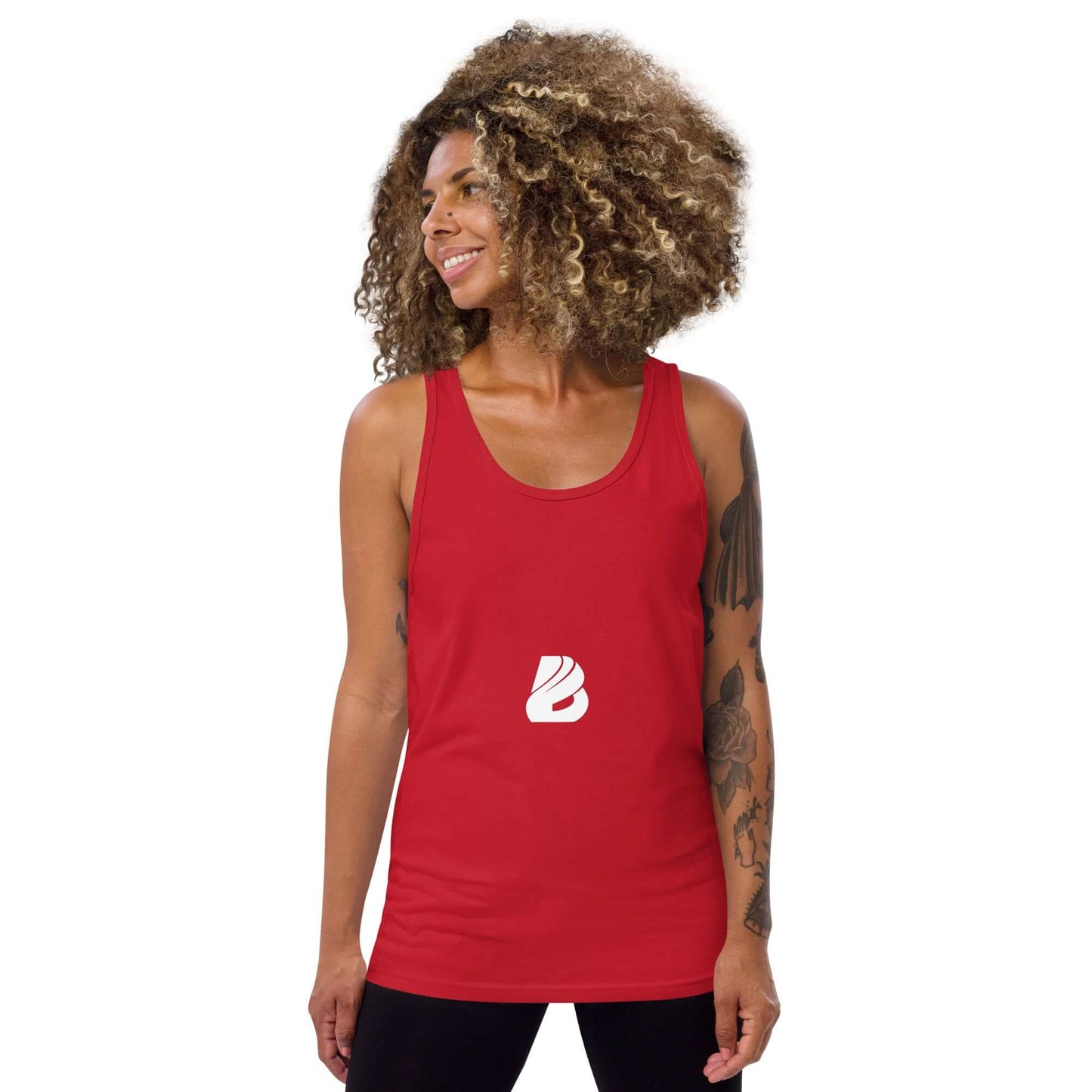 Unisex-Tank-Top N°6 in red, modeled by person with curly hair, showcasing quality and softness.