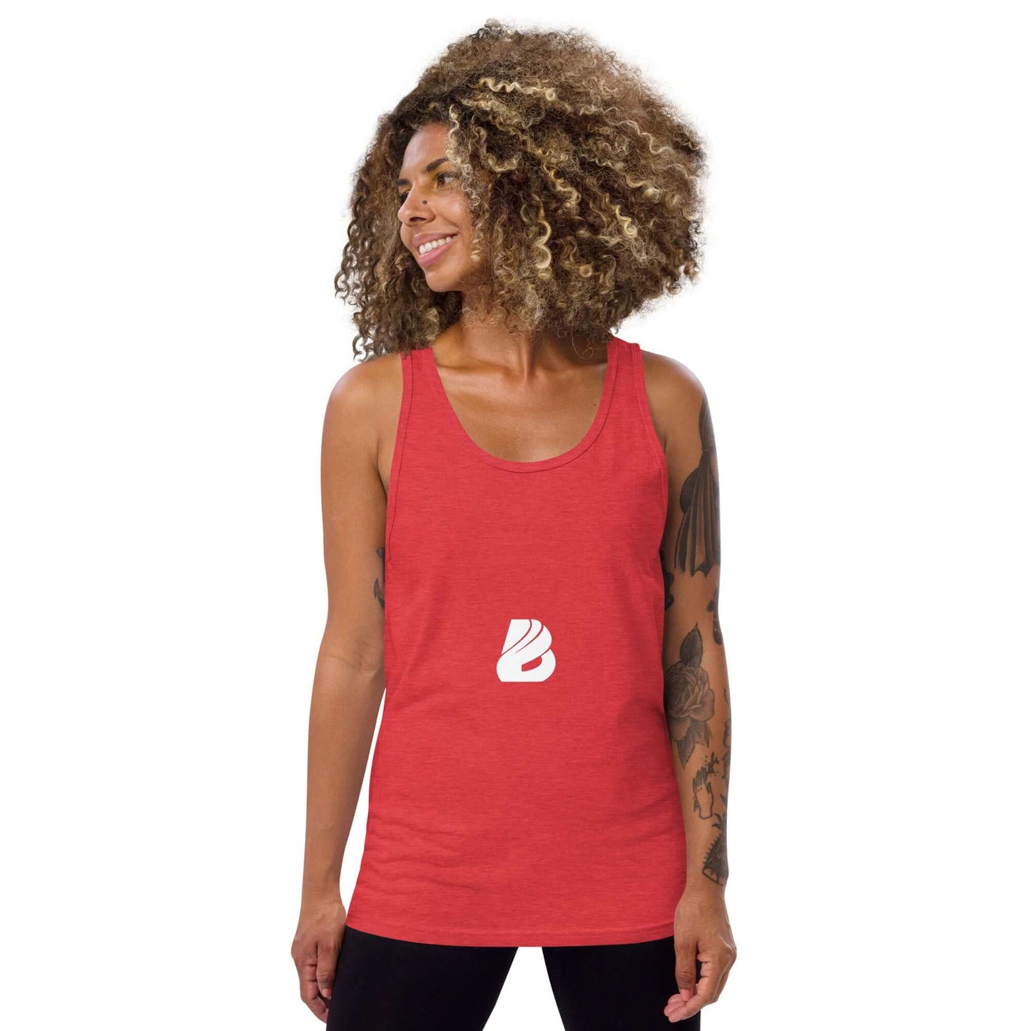 Model wearing red Unisex-Tank-Top N°6, classic and essential fashion item, featuring soft cotton blend fabric, perfect for quality lovers