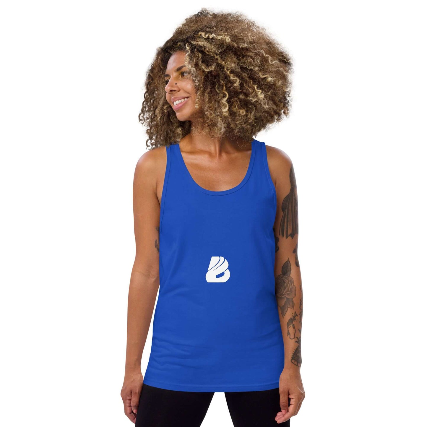 Person wearing blue Unisex-Tank-Top N°6, smiling and standing against white background.