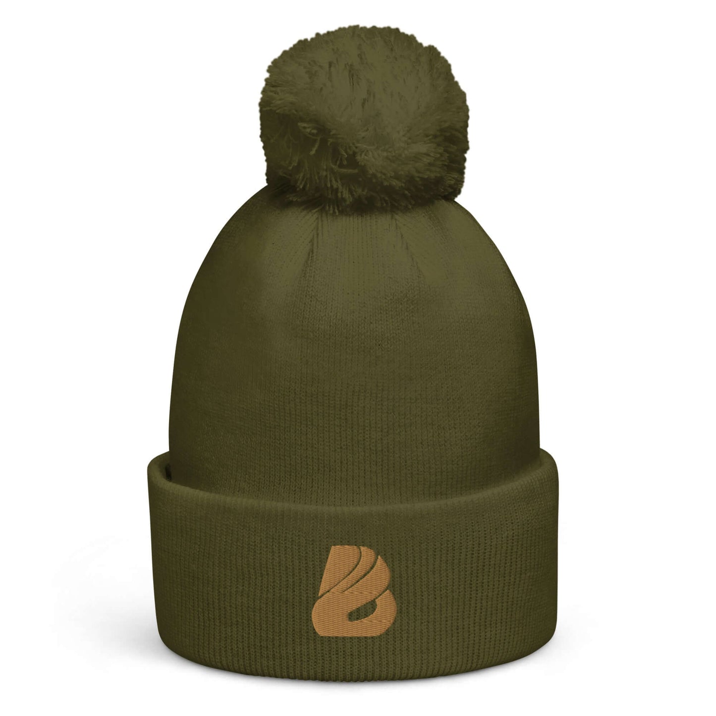 Bommel-Beanie N°0 in olive green, featuring a soft acrylic knit, double-layer design, and matching pompom for warmth in fall and winter.