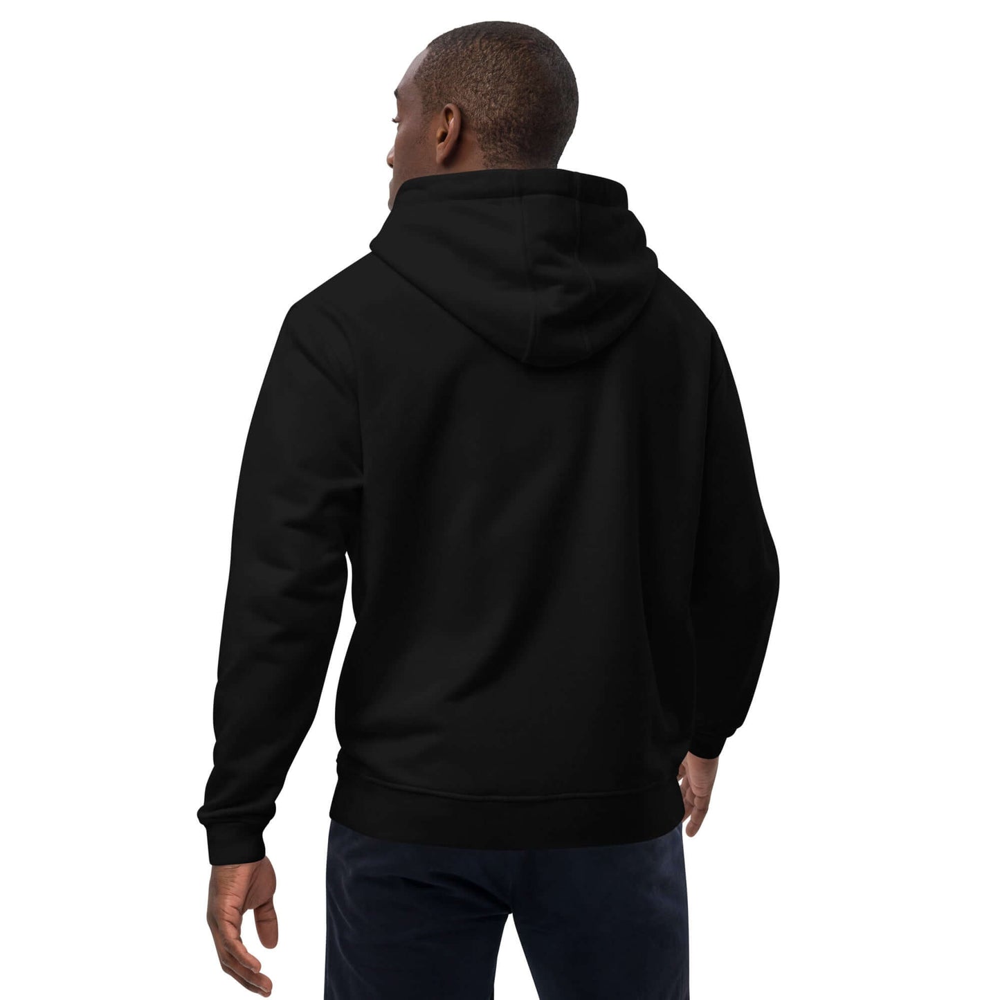 Hochwertiger Öko Kapuzenpullover N°6 aus Bio- und recycelten Materialien, Rückansicht. Streetwear mit bequemer Passform.