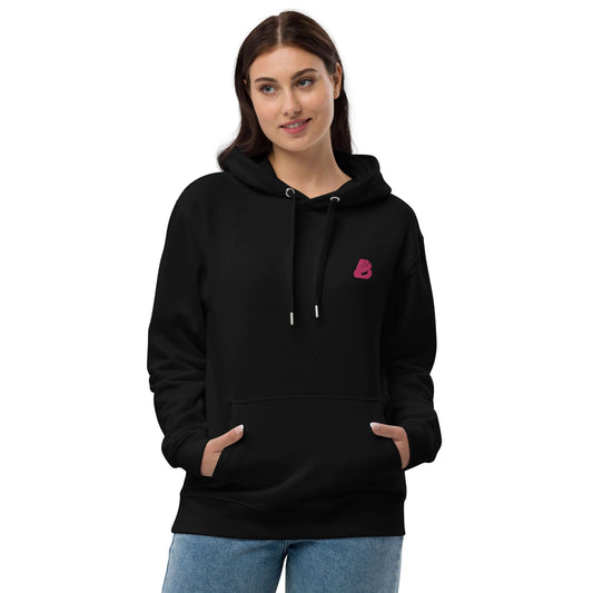 Woman wearing Hochwertiger Öko Kapuzenpullover N°4 in black with a front pocket and double-layered hood.