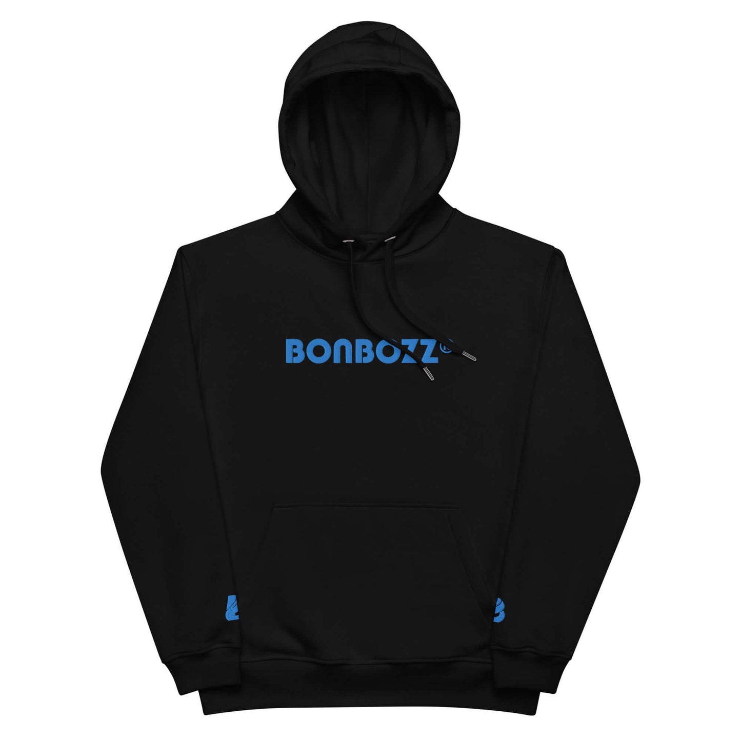 Hochwertiger Öko Kapuzenpullover N°7 aus Bio-Baumwolle und recyceltem Polyester mit blauer Schrift, doppellagiger Kapuze und Beuteltasche.