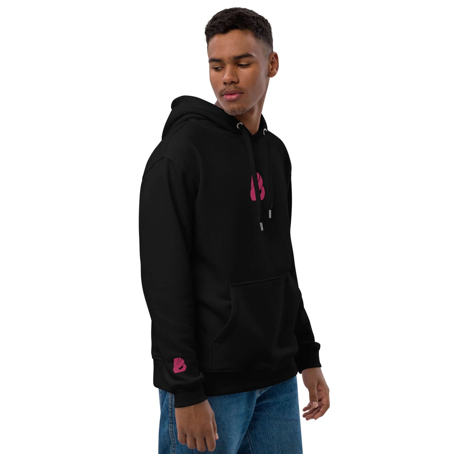 Hochwertiger Öko Kapuzenpullover N°8 aus Bio- und recycelten Materialien, schwarze Farbe, doppellagige Kapuze, Beuteltasche, Streetwear.