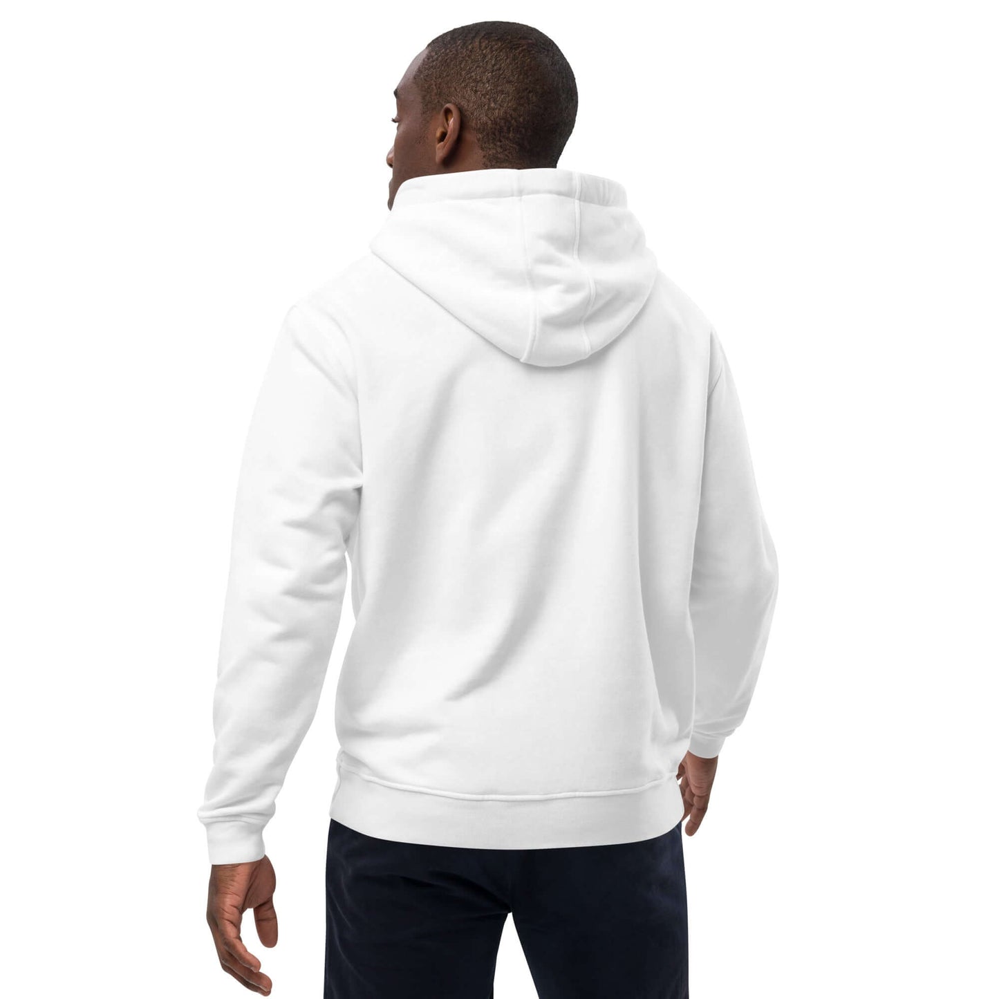 Person wearing Hochwertiger Öko Kapuzenpullover N°6, white eco-friendly hoodie made from organic and recycled materials, back view.