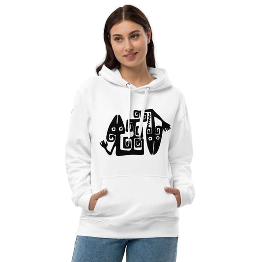 Woman wearing Hochwertiger Öko Kapuzenpullover N°1 with unique black graphic design, emphasizing eco-friendly fashion and sustainability.