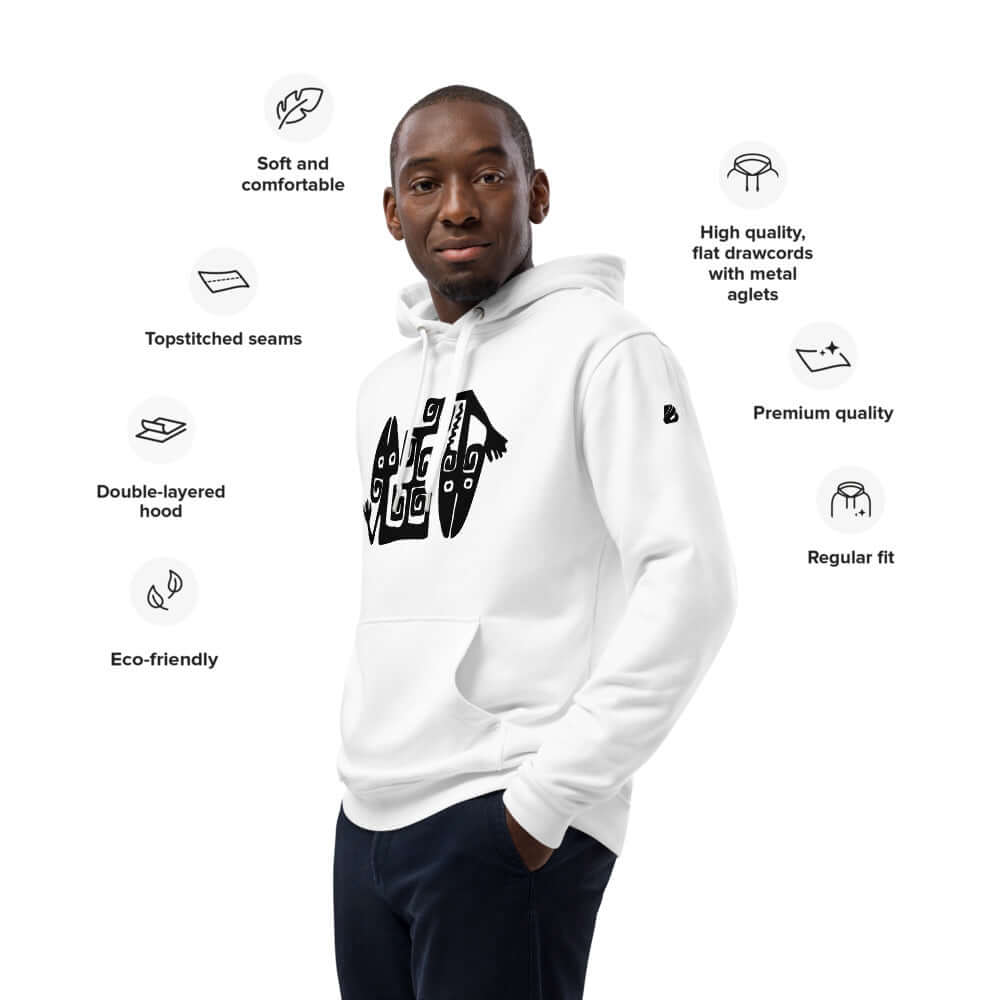 Hochwertiger Öko Kapuzenpullover N°1 in Weiß, Bio- und recycelte Materialien, klassisch für Streetwear, bequeme Passform, Beuteltasche