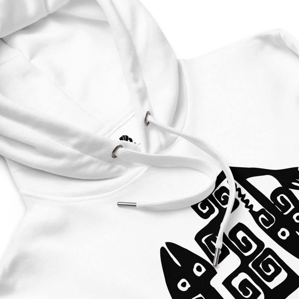 Hochwertiger Öko Kapuzenpullover N°1 aus Bio-Baumwolle und recyceltem Polyester mit Grafikdesign auf der Vorderseite.