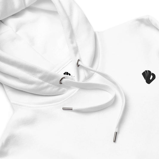 Hochwertiger Öko Kapuzenpullover N°2 aus Bio- und recycelten Materialien, Detailansicht der Kapuze und des minimalistischen Logos.
