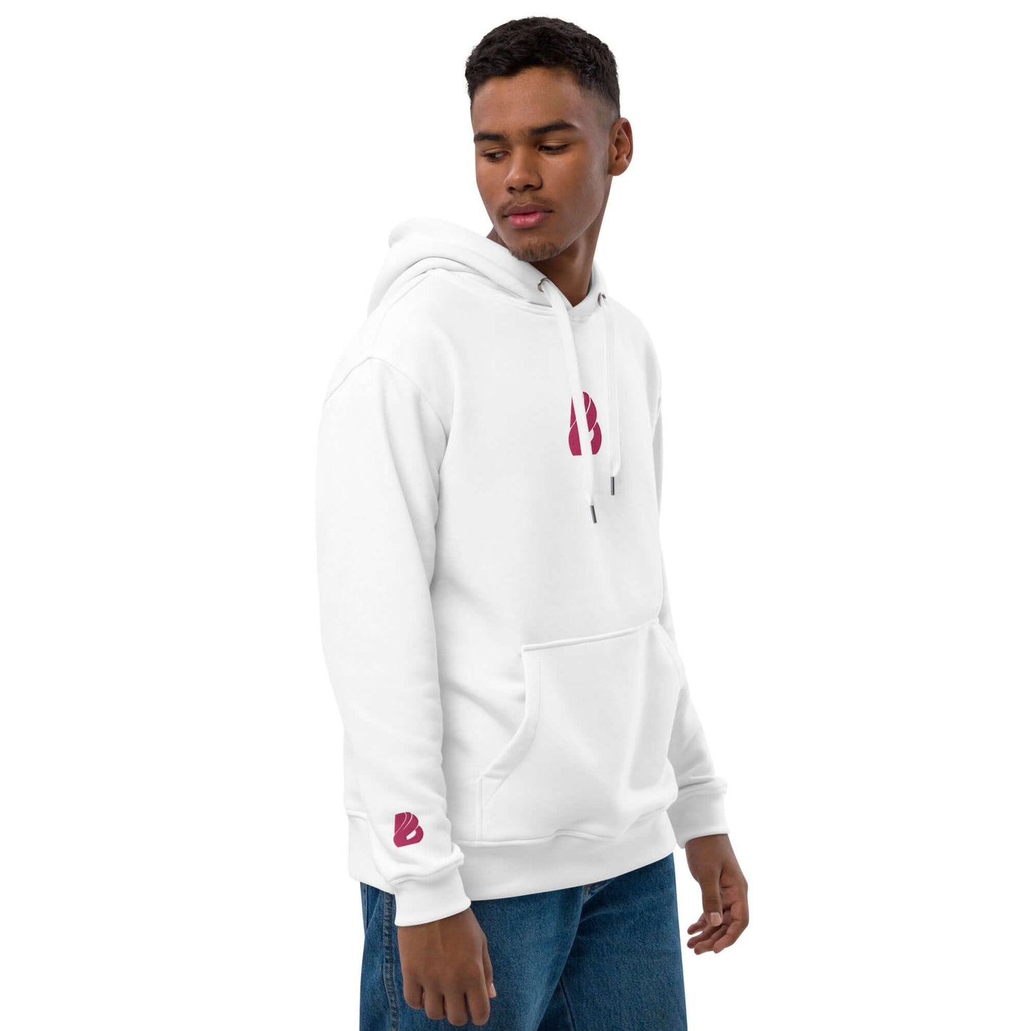 Model wearing Hochwertiger Öko Kapuzenpullover N°8, featuring a comfortable fit, front pouch pocket, and double-layered hood in white.