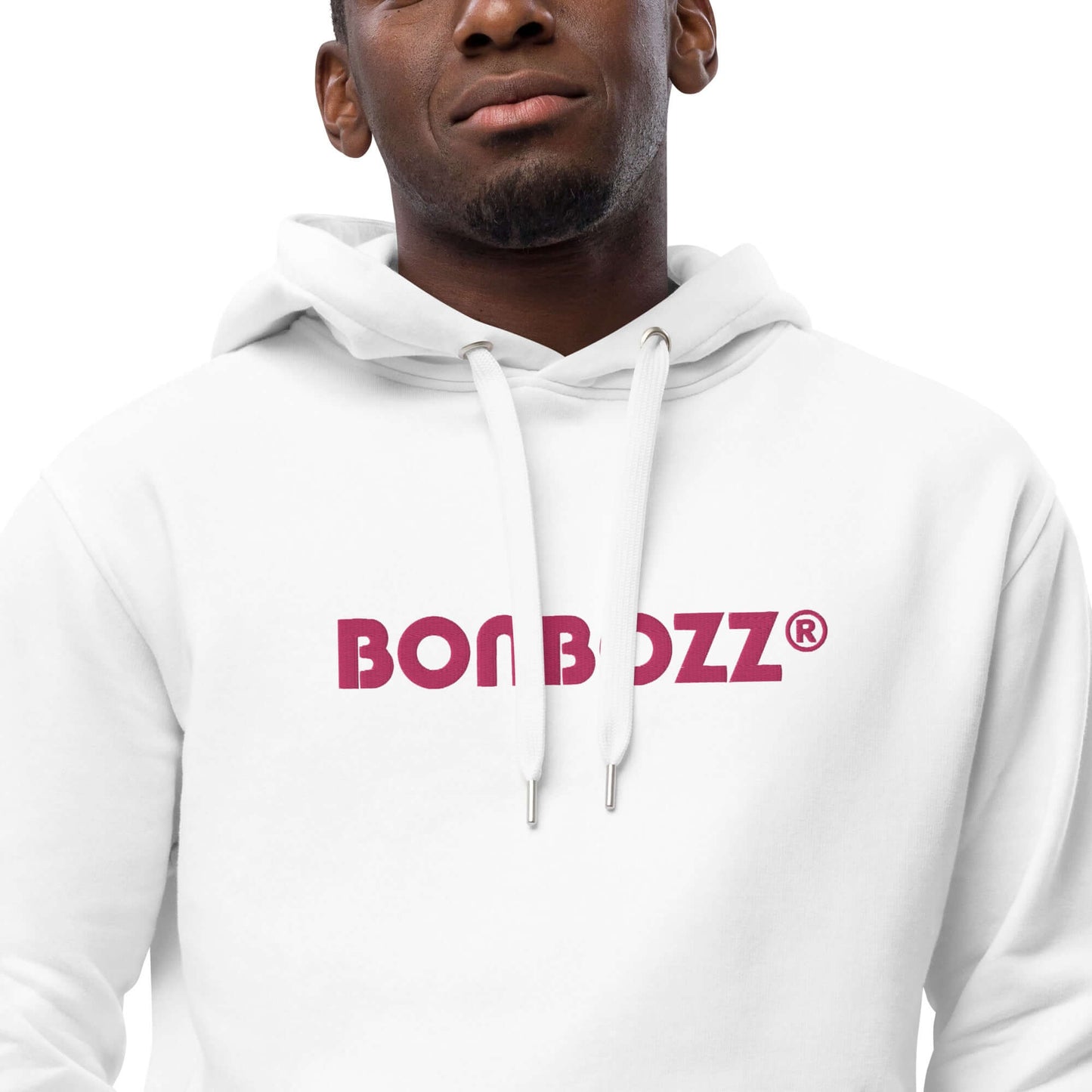 Person wearing a white hoodie with 'BONBOZZ' logo on the front, showcasing casual style and comfort.