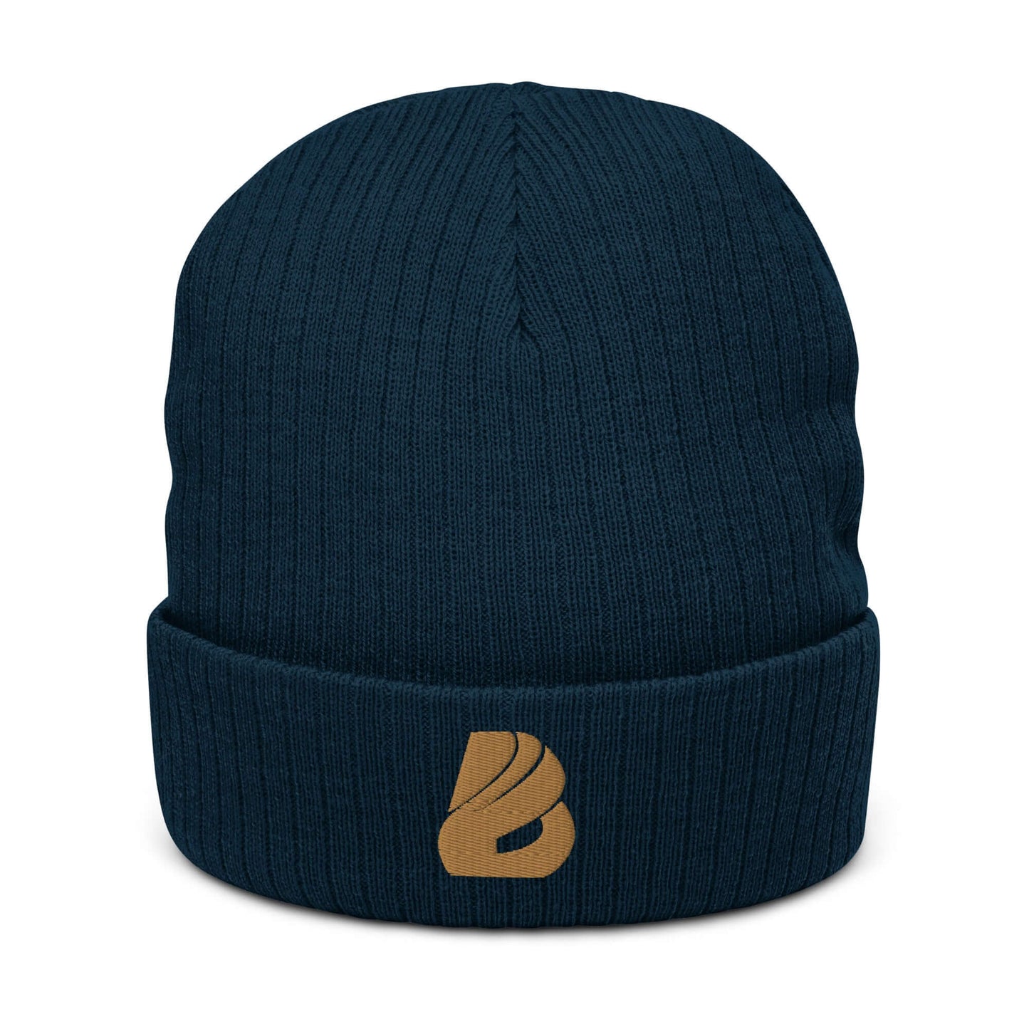 Gerippte Strickmütze N°0 in navy, recycled polyester and acrylic blend, ribbed design with cuff, stylish and warm beanie for all sizes.