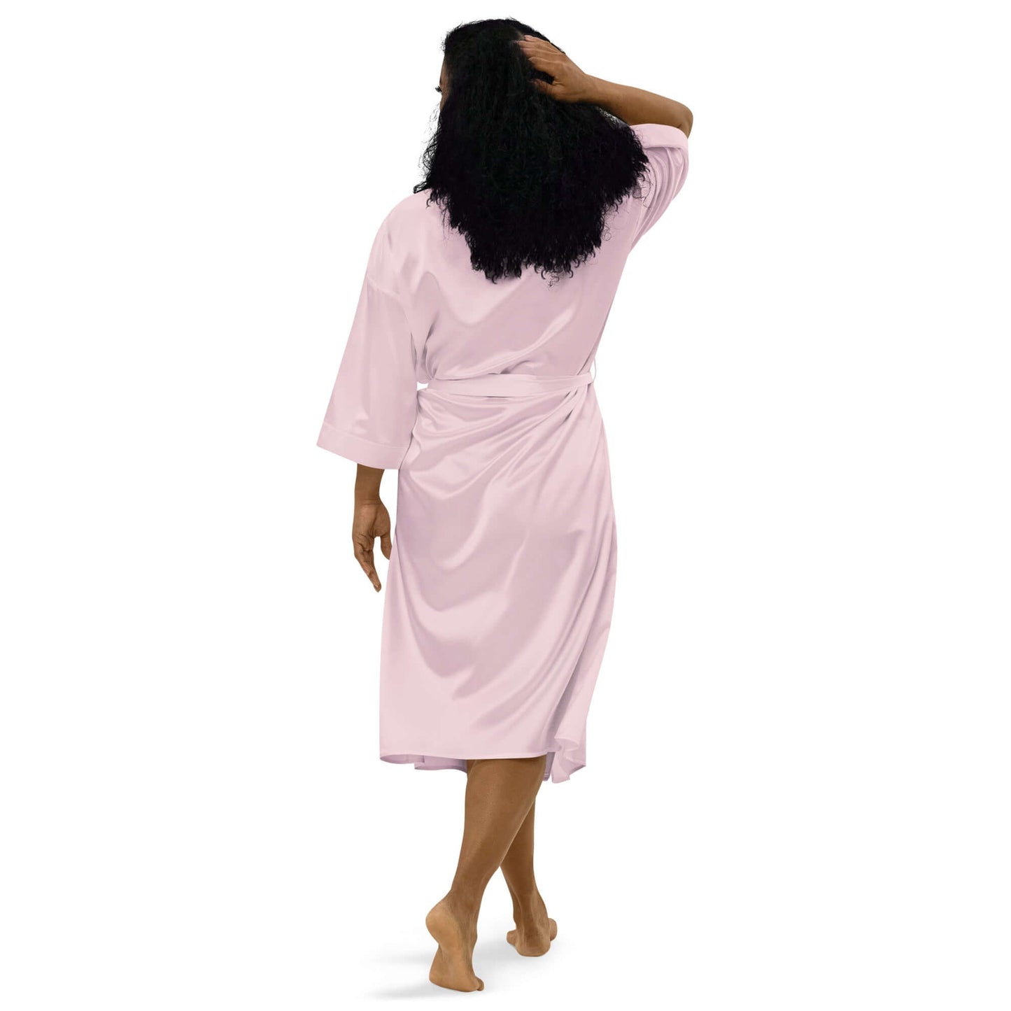Elegant Satinmantel N°2 in soft pink, back view, featuring a luxurious silky texture ideal for bridal parties and personal relaxation.