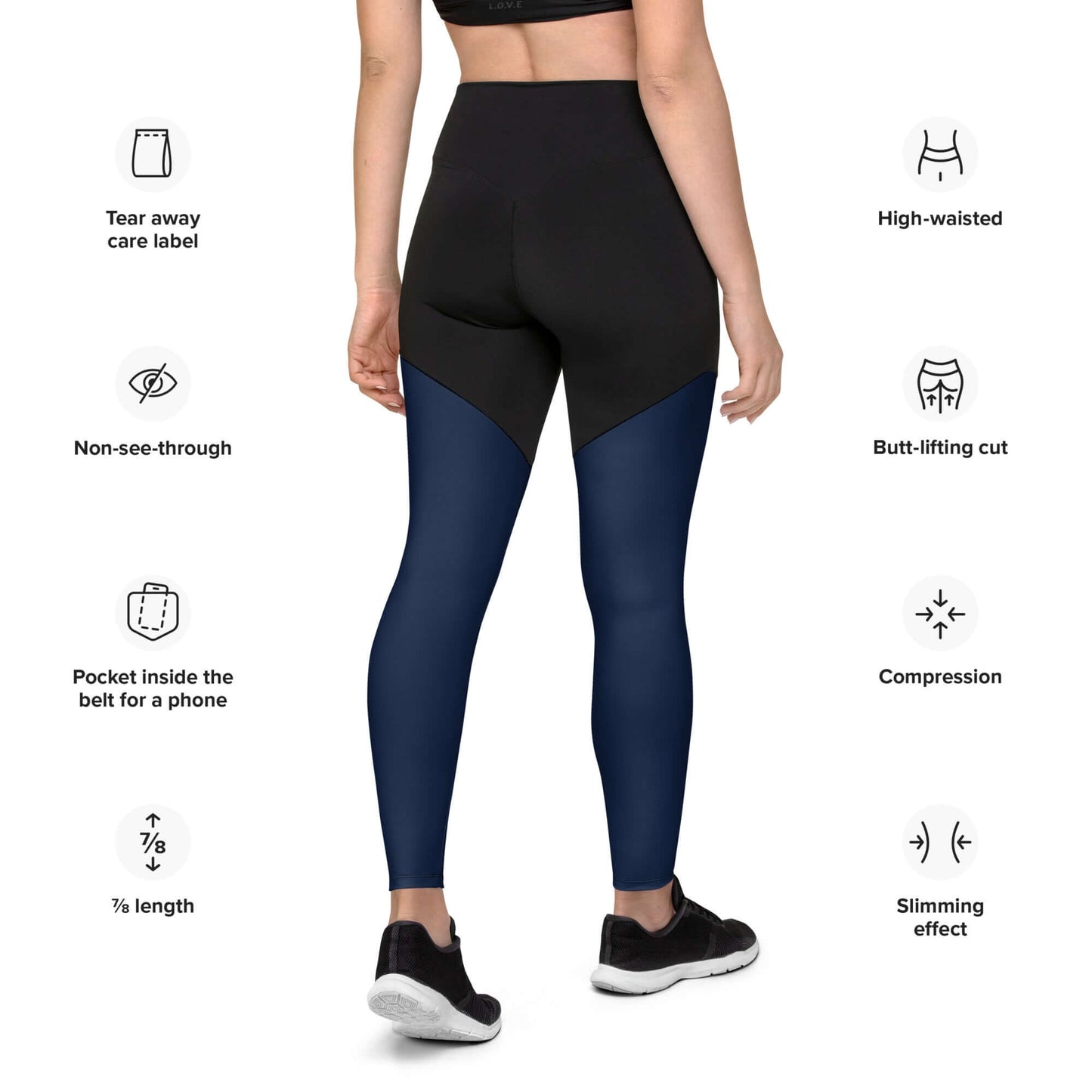 Back view of Sport-Leggings N°1 in black and blue with high-waisted, non-see-through, and butt-lifting design, ideal for active lifestyle.