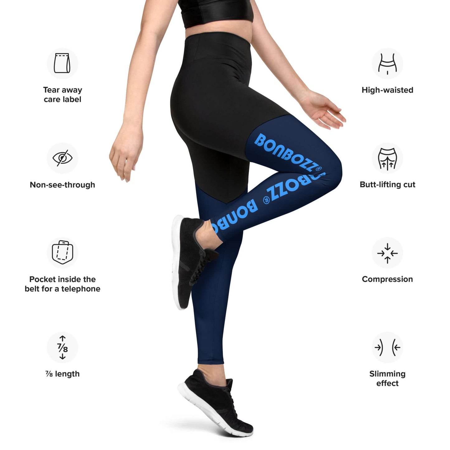 Sport-Leggings N°2 in black and blue showcasing high-waisted, butt-lifting, non-see-through design, ideal for active lifestyles.