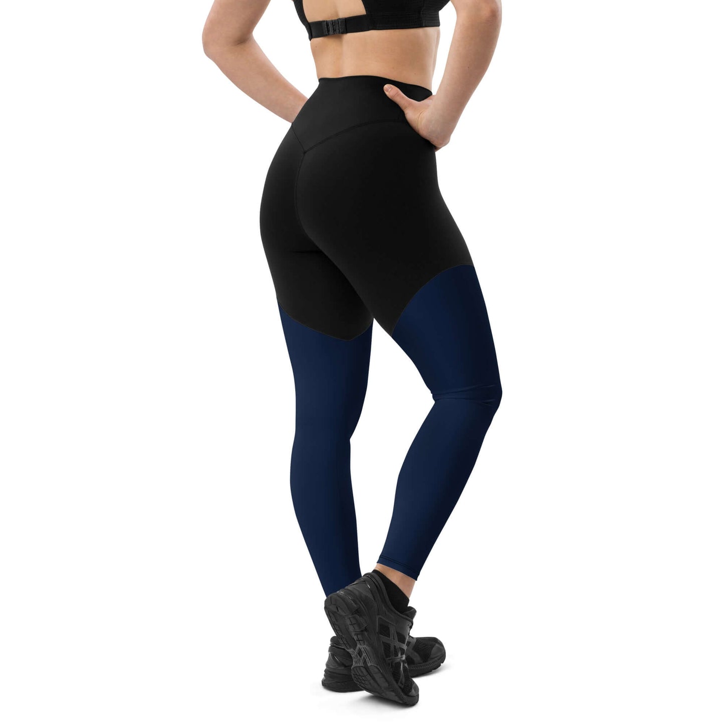 Back view of Sport-Leggings N°1, ideal for moderate to intense workouts, combining comfort and style with a black and navy design.
