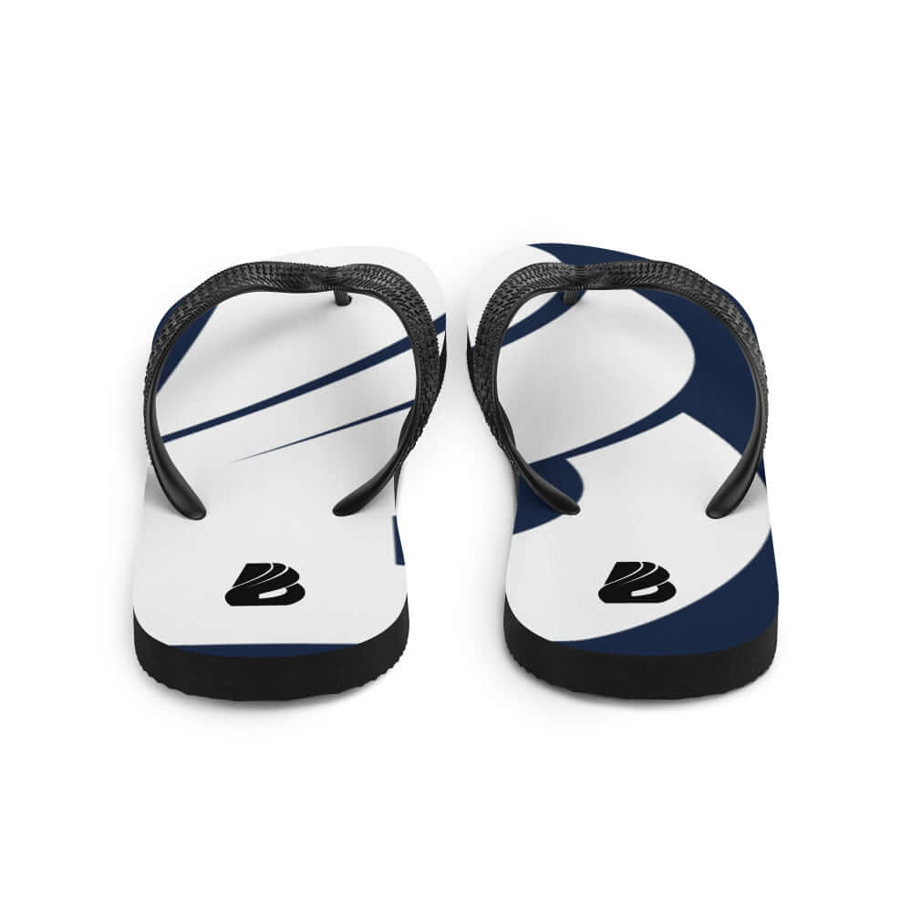 Flip-Flops N°1 with blue and white design, black straps, comfortable rubber sole for summer adventures.