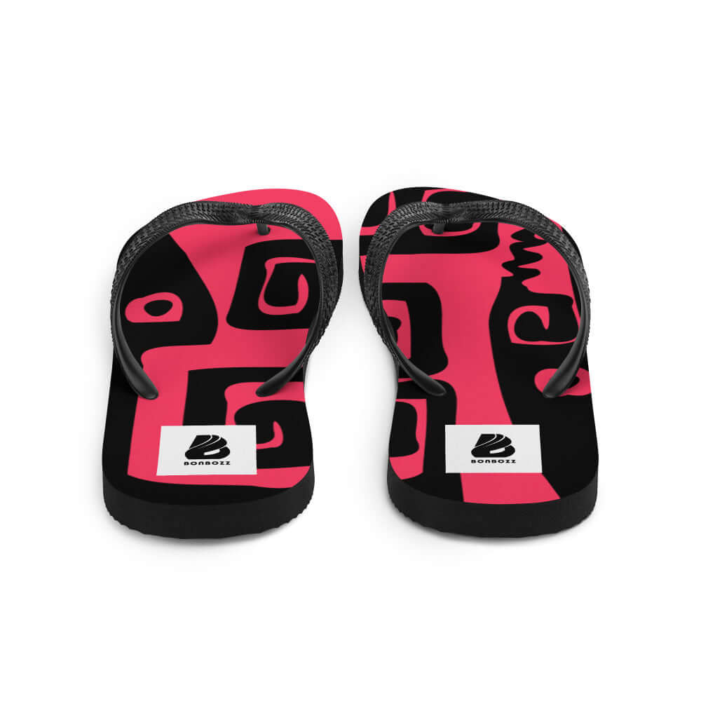 Flip-Flops N°7 with black straps and vibrant pink design, featuring comfortable rubber sole and polyester cover, perfect for summer adventures.